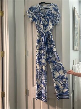 Blue Leaf-Print Wrap Jumpsuit - White & Blue